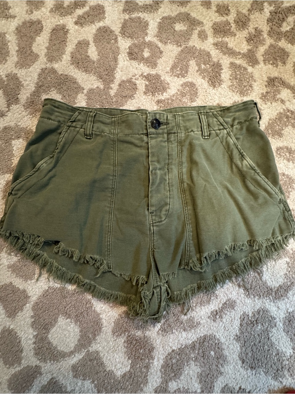Free People Olive Green Frayed-Hem Cotton Shorts